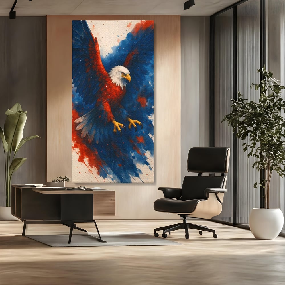 Tablou canvas cu tablou canvas vultur in zbor, fara rama, pe sasiu de lemn, pe perete intr-un birou
